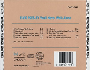 The King Elvis Presley, camden, cd, Back Cover, You'll Never Walk Alone, Cad1-2472, 1987